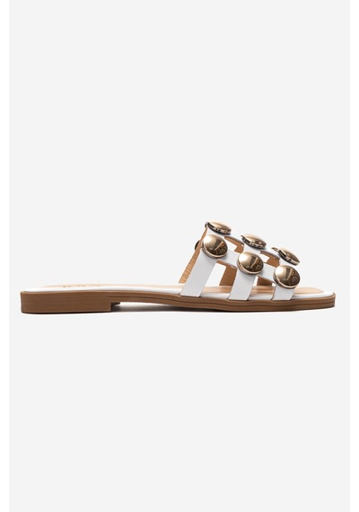 Luvishoes Bareon Beyaz Cilt Hakiki Deri Bantlı Altın Tokalı Kadın Terlik