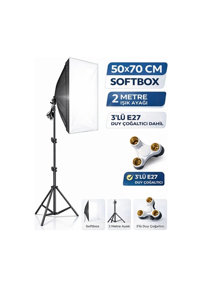 Rabsev Softbox 50x70Cm Sürekli Işık Seti 2 Metre Ayaklı 3'lü E27 Duylu Ürün Fotoğraf Çekim Işığı