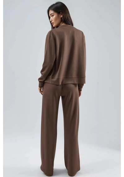 Fiolin Modal Dokulu Fermuarlı Sweatshirt & Nervürlü Pantolon Takımı Cappuchino