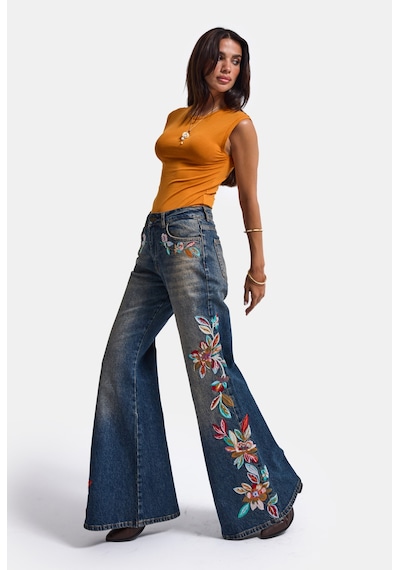 Kadın Kot Rengi 2w6-8 Flare Fit Nakış Detaylı Komfort Kumaş Özel Tasarım Denim Jean Mavi