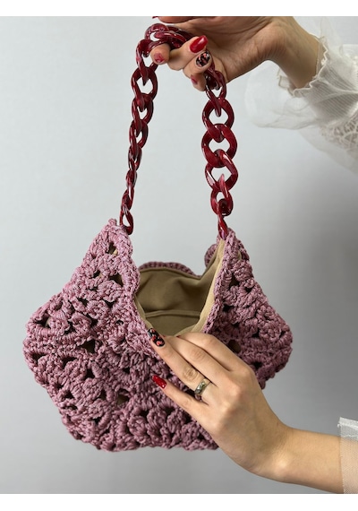 El Örgüsü Çiçekli Kadın El Çantası 30x27 Cm Pembe