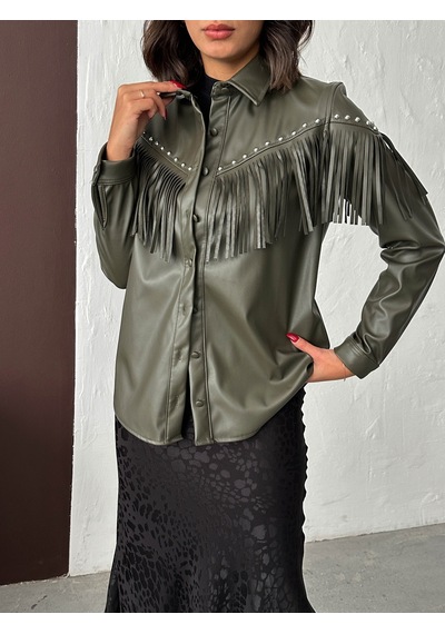 Verymoda Droplu Püsküllü Suni Deri Gömlek - F2043 Haki