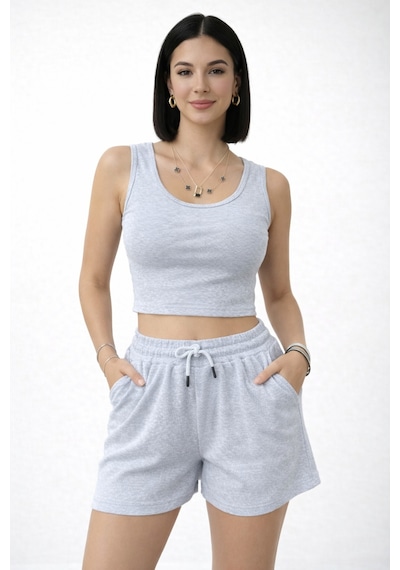 Trend Alisse Kadın Beli Lastikli Şort Crop Alt Üst İkili Takım Gri