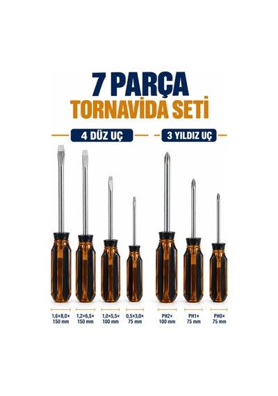 7 Parça Tornavida Seti 4 Düz Ve 3 Yıldız Uçlu Şeffaf Saplı Kutulu Set