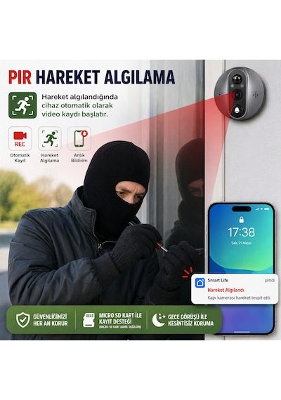 Wifi Akıllı Kapı Kamerası 4.3" Ekran 1080p Hd Görüntülü Kapı Dürbünü Pır Sensörlü
