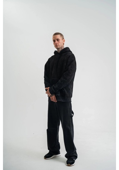 Luz&pos Erkek Uzun Kol Kapşonlu Yıkamalı Nakışlı Sweatshirt - Siyah Siyah