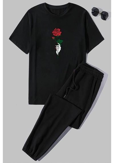 Uyguntarz Unisex Rose Baskılı 2'li Eşofman Takımı Siyah