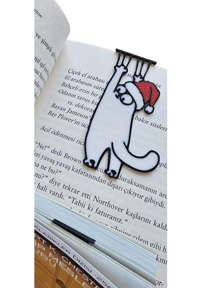 3d Baskı Kırmızı Noel Şapkalı Beyaz Tırmanan Kedi Kitap Ayracı - 7 Adet