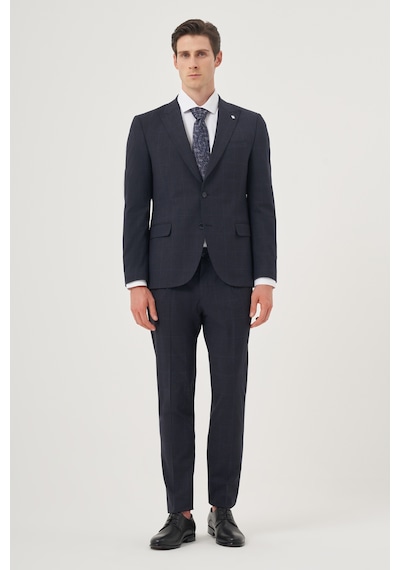 Morven Erkek Lacivert Yünlü Trend Ekoseli Slim Fit Sivri Yaka Takım Elbise 26mc001013200 Lacivert