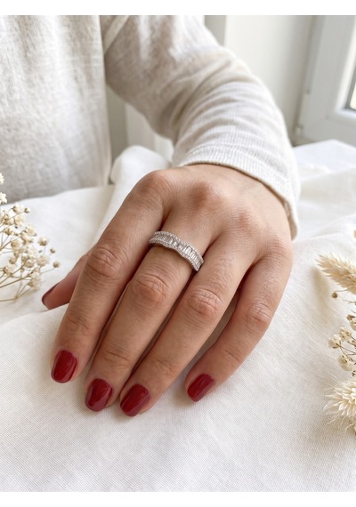 Bayan Swarovski Kare Taş Detay Düz Model Gümüş Yüzük