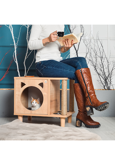 Tahta Karınca Minimalist Tırmanma Halatlı Mobilya Kedi Evi + Mama Kabı