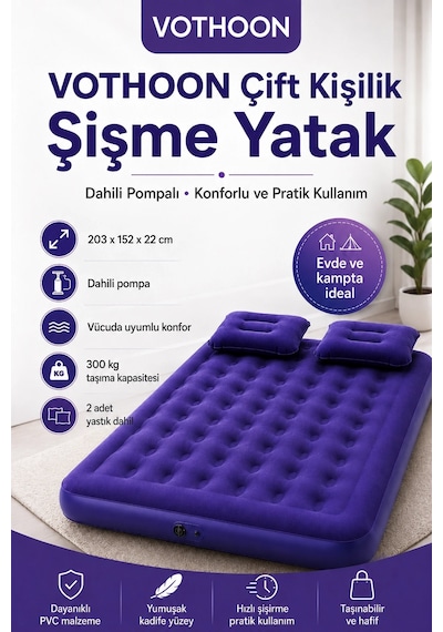 Çift Kişilik Şişme Yatak Dahili Pompalı 203x152x22 Cm 2 Yastıklı Çok Renkli
