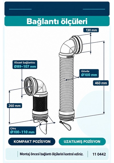 İz Yapı Çekvalfli Dirsekli Körüklü Klozet Gider Borusu 260–460 mm Çelik Telli Kada 11 0442 Beyaz