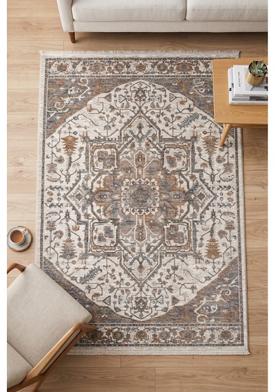 Merinos Valeria Serisi Etnik Desenli Salon Oturma Odası Halısı Hav Toz Vermez Dokuma Taban 91047-110 Krem
