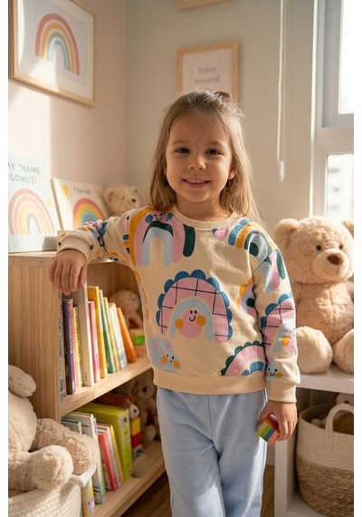 Ahengim Kız Çocuk Gökkuşağı Desenli Sweatshirt 2 Li Alt Üst Takım Ak15636 Mavi