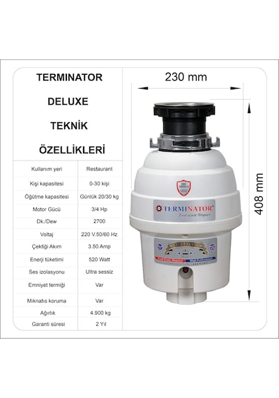 Terminator Delüxe Çöp Öğütücü. Pnomatik Düğmeli. Montaj Dahil