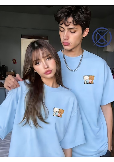 Nevermind Sevgili Kombini Tişört 2 Li Set Ayıcık Baskılı Unisex Çift Tişört Mavi