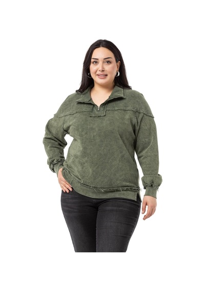 Büyük Beden Pis Dikişli Fermuarlı Yırtmaçlı Parça Boyalı Haki Sweatshirt-haki Haki