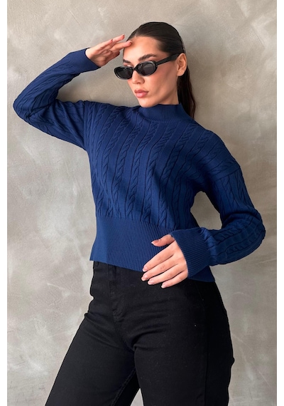 Madmext İndigo Yarım Balıkçı Yaka Örgülü Triko Kadın Kazak Mg2257 Indigo