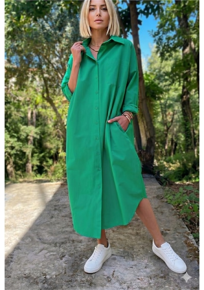Yıldızistan Kadın Uzun Kollu Poplin Cepli Oversize Uzun Günlük Spor Tunik Gömlek Elbise Zümrüt Yeşil 3555270 Benetton