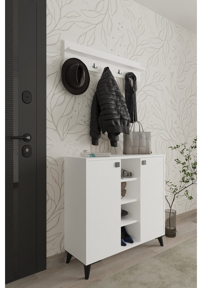 Akasya 2 Kapaklı Ayakkabılık, Vestiyer, Portmanto, Askılık, 90 Cm, Beyaz Beyaz