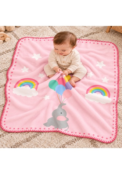 Uçan Fil Ve Gökkuşağı Serisi Çoban Dikişli %100 Polar Bebek Battaniyesi 80x100 CM Oeko-tex Açık Pembe
