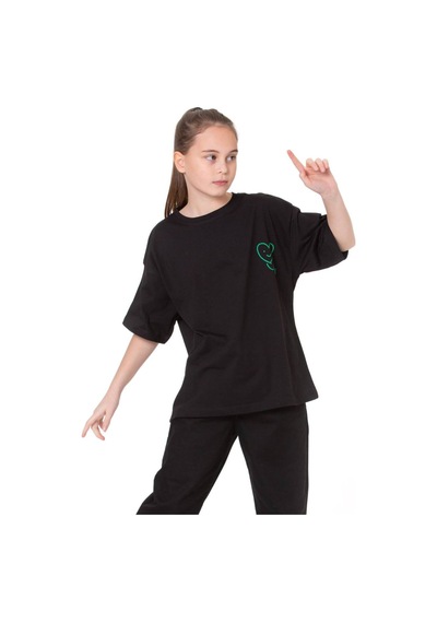 İrem Çocuk Giyim Kız Çocuk Önü Kalp Sırtı What Yazılı Siyah Oversize Tişört Siyah