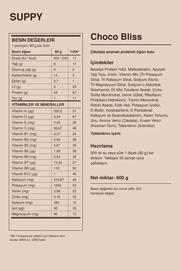 Suppy Choco Bliss Proteinli Öğün Tozu Çikolata Aromalı Vitamin & Mineral Destekli Pratik Öğün