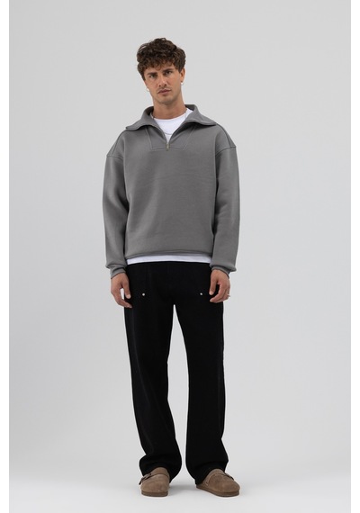 Vamos Basic Fermuarlı Dik Yaka Sweatshirt Füme