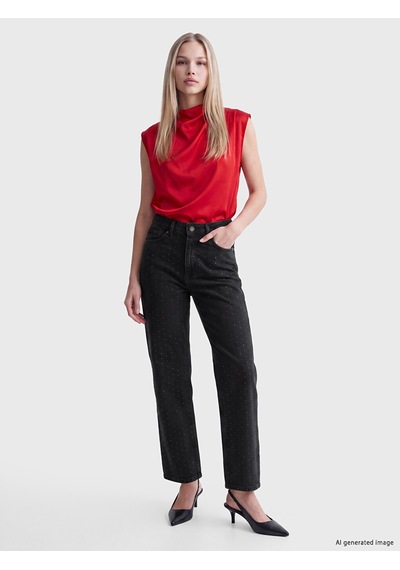 Lcw Jeans Siyah Straight Fit Taşlı Kadın Jean Pantolon