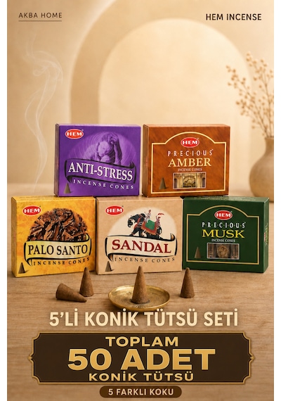 Orijinal 50 Adet Konik Tütsü Seti 5 Farklı Koku Amber Palo Santo Sandal Musk Anti Stress