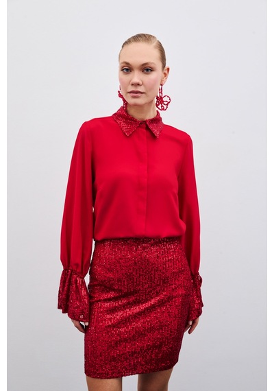 Sateen Payet Detaylı Gömlek - Kırmızı-135617 Kırmızı