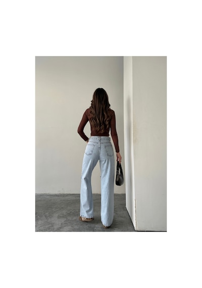 Blue Marlın Çift Diz Lazer Yırtık Boyfriend Bol Paça Jeans Taş
