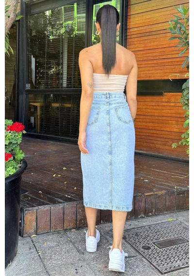 Açık Mavi Cepli Yırtmaçlı Uzun Denim Etek