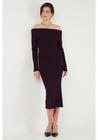 Lela Premium Fitilli Carmen Yaka Slim Fit Midi Boy Triko Bayan Elbise 680El00033 Mürdüm Lela Premium Fitilli Carmen Yaka Slim Fit Midi Boy Triko Bayan Elbise 680El00033 Mürdüm