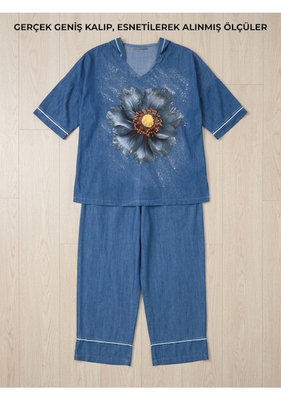 Büyük Beden Denim Kapüşonlu Çiçek Baskılı Kısa Kollu Bol Paça Kadın Alt Üst Takım Mavi