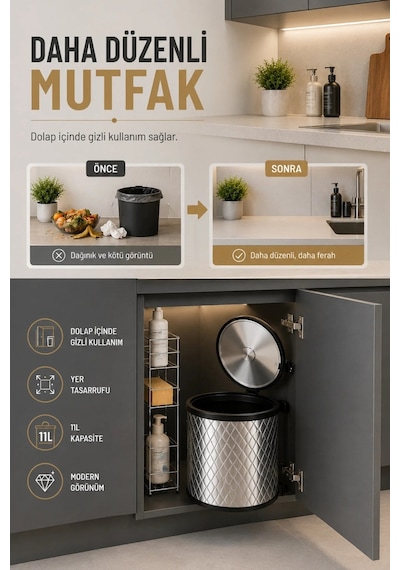 Banyo, Mutfak Dolabı İçi 11 Litre Metal Çöp Kovası – Krom, Tüm Dolaplara Uyumlu Tezgah Altı Çöp Kovası