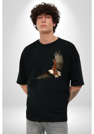 Kartal Özgürlük Pamuklu Bisiklet Yaka Unisex Oversize Boyfriend Dijital Baskılı Siyah T-shirt Siyah