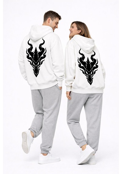 Unisex Ejderha Baskılı Beyaz Sevgili Kombini Oversize Hoodie Seti Beyaz