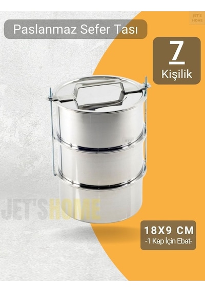 3 Lü Sefer Tası 18x9 Cm Yemek Taşıma Kabı Paslanmaz Çelik No:4 Kapasite 7 Kişilik Metalik Gri