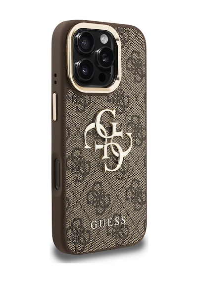 Apple Uyumlu iPhone 16 Pro Max Kılıf Guess Lisanslı Metal 4g Ve Yazı Logolu Kamera Standlı Kapak Kahveren