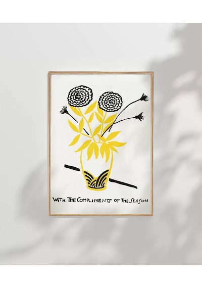 Çerçevesiz Poster El Çizimi Vazo Ve Çiçek Motifli Grafik