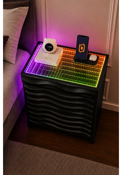 Komodin 3d Led Işıklı Kumandalı Rgb Ledli Modern - Siyah Renk