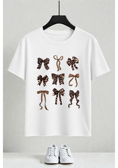 Uyguntarz Unisex Leopar Desenli Kurdeleler Baskılı Tasarım Tshirt Beyaz