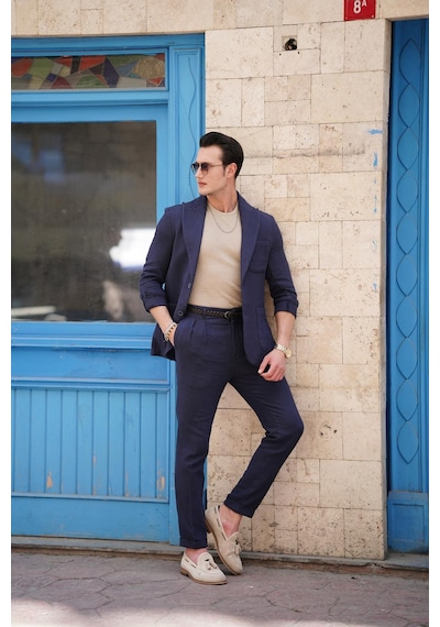 Modefendi %100 Pamuk Keten Modern Fit Örgü Kemer Detaylı Keten Takım Elbise Lacivert