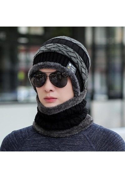 Kışlık Erkek Trend Örgü Şapka Ve Boyunluk Seti Siyah