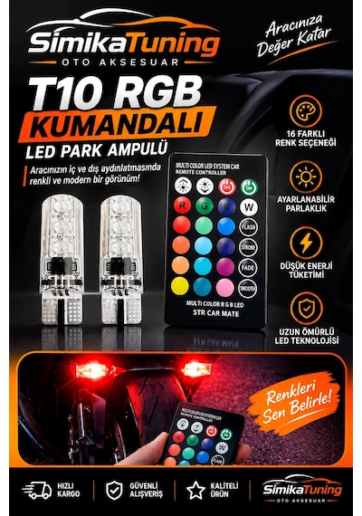 T10 Renkli Led Park Ve Plaka Lambası - Uzaktan Kumandalı / Çok Renkli