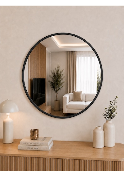 Effe Siyah Metal Çerçeveli 50 Cm Yuvarlak Ayna