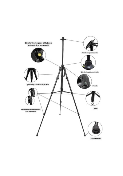 Katlanabilir Metal Tripod Şövale - Kollu Yükseklik Ayarlı, Su Terazili, Pusulalı, Siyah