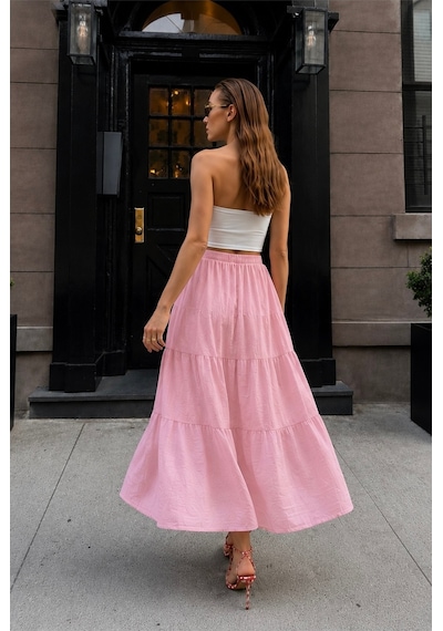 Bisou Pembe Beli Lastikli Volan Detaylı Astarlı Yazlık Maxi Etek Pembe
